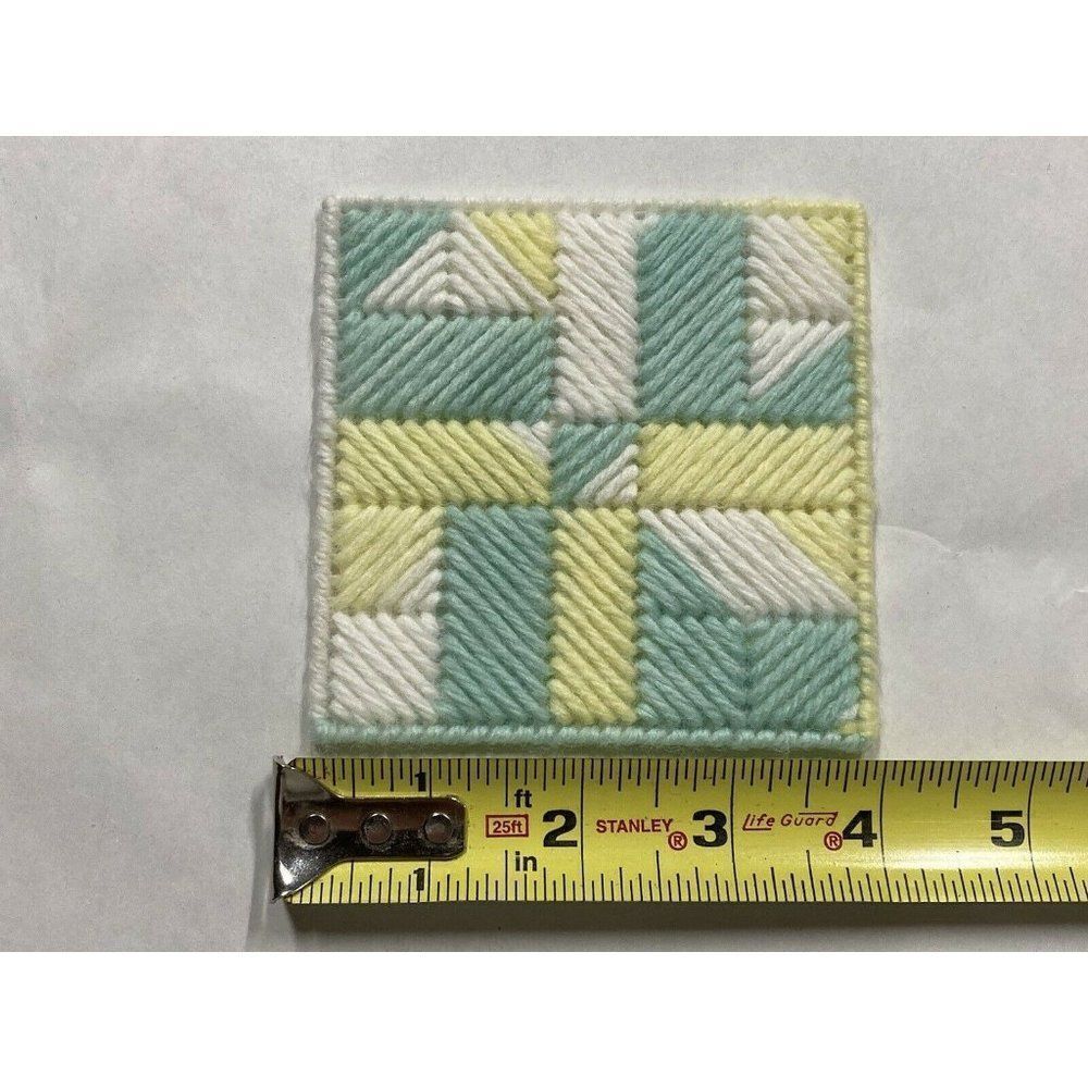 Vintage Handmade Plastic Canvas Yarn 6 Coaster Set W/ Holder 4” Green Yellow - Picture 4 of 4